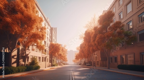 street in the evening, nice trees scene, generative AI © legendexpert