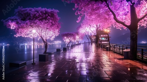 beautiful dreamy purple trees night scene, generative AI