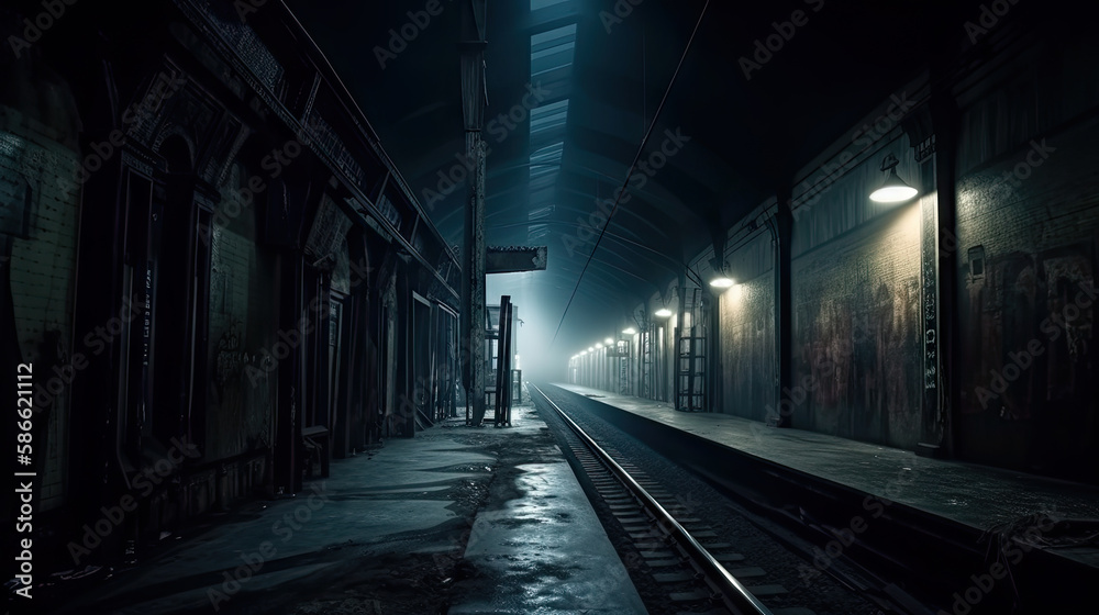 Horror railway station in dark and scary atmosphere created with Generative AI