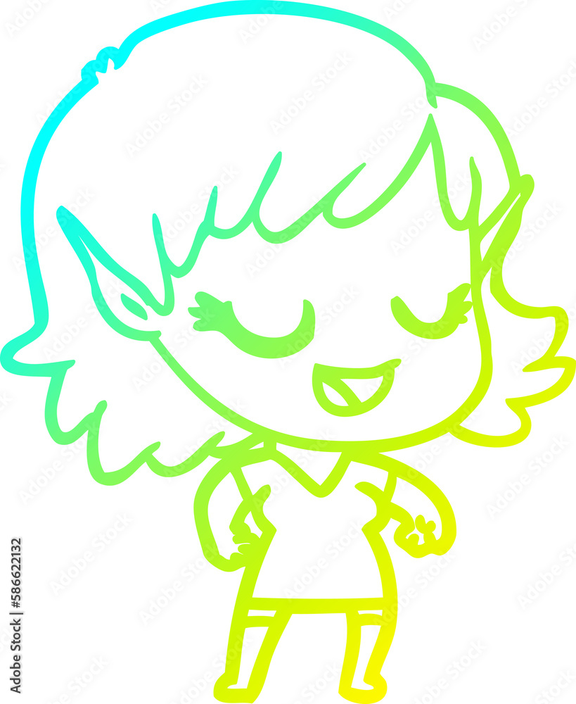 cold gradient line drawing happy cartoon elf girl
