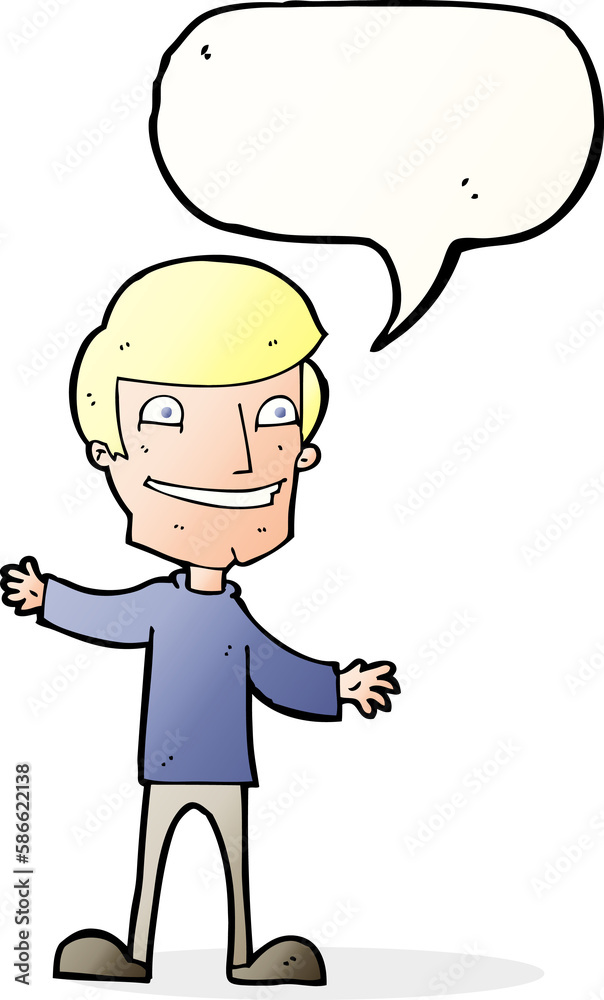 cartoon grinning man with speech bubble