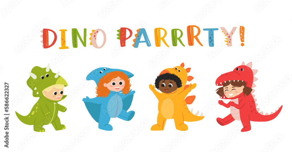 Fototapeta premium Little boy and girl dressed in jumpsuit kigurumi in form of dinosaurs. Boy in triceratops and stegosaurus costume and girl in t rex and pterodactyl. Cozy dino pajamas. Cartoon flat vector illustration