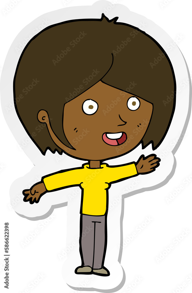 sticker of a cartoon happy girl waving sticker of a cartoon happy girl waving