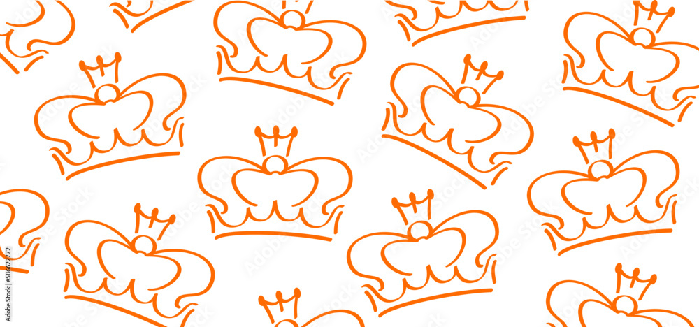 Cartoon sketch crown. Graffiti crown icon, Queen or king crowns. Orange background. Traditional festival on april. Holland, King's Day or Queen's Day. Dutch party sign. brush line. Orange the world.