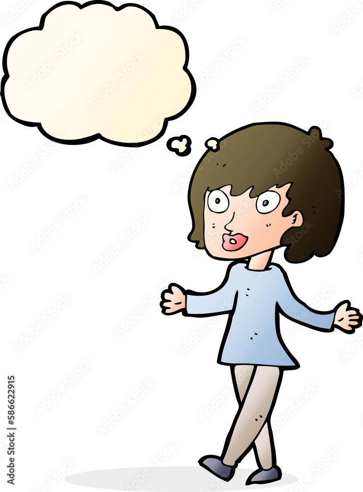 cartoon woman with open arms with thought bubble cartoon woman with open arms with thought bubble