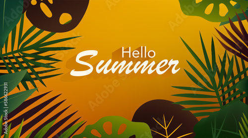 Hello summer. Tropical background with palm leaves and monstera plant leaf. Modern poster in bright colors. Vector illustration for web banner