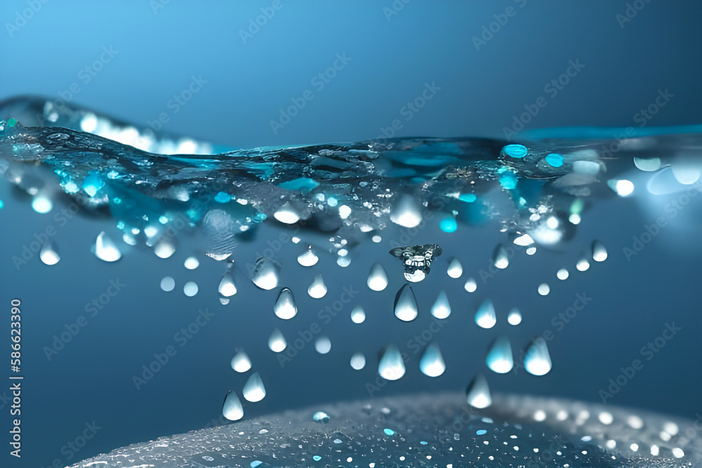Ilustracja przedstawiająca wodę, krople wody, pęcherzyki powietrza, tło. Wygenerowane przy użyciu AI. - obrazy, fototapety, plakaty 