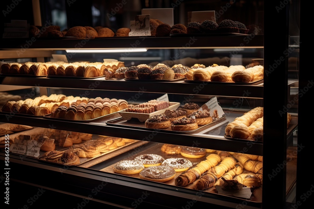 bakery interior with display counters full of scrumptious bread and pastries. Shop a patisserie