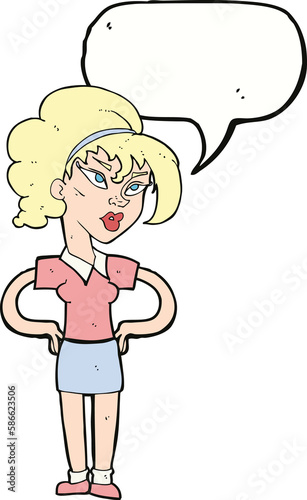 cartoon woman with hands on hips with speech bubble