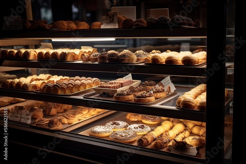 bakery interior with display counters full of scrumptious bread and pastries. Shop a patisserie or bakery with croissants, apple pies, waffles, and churros. Freshly baked pastries. Generative Ai 