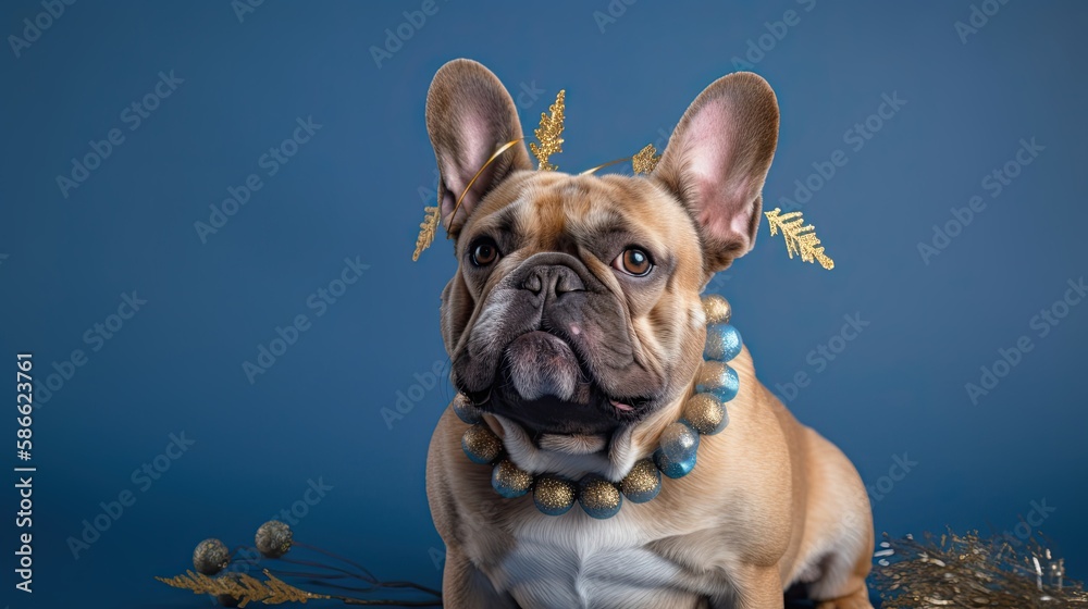 Adorable French Bulldog Celebrates New Year in Cute Costume with Happy New Year Cap and Gold Garlands, Generative AI