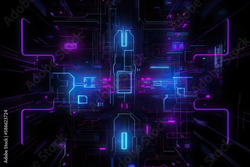 4K Technology in Action: Futuristic Sci-Fi Abstract Blue & Purple Neon Light Shapes on Black Background: Generative AI