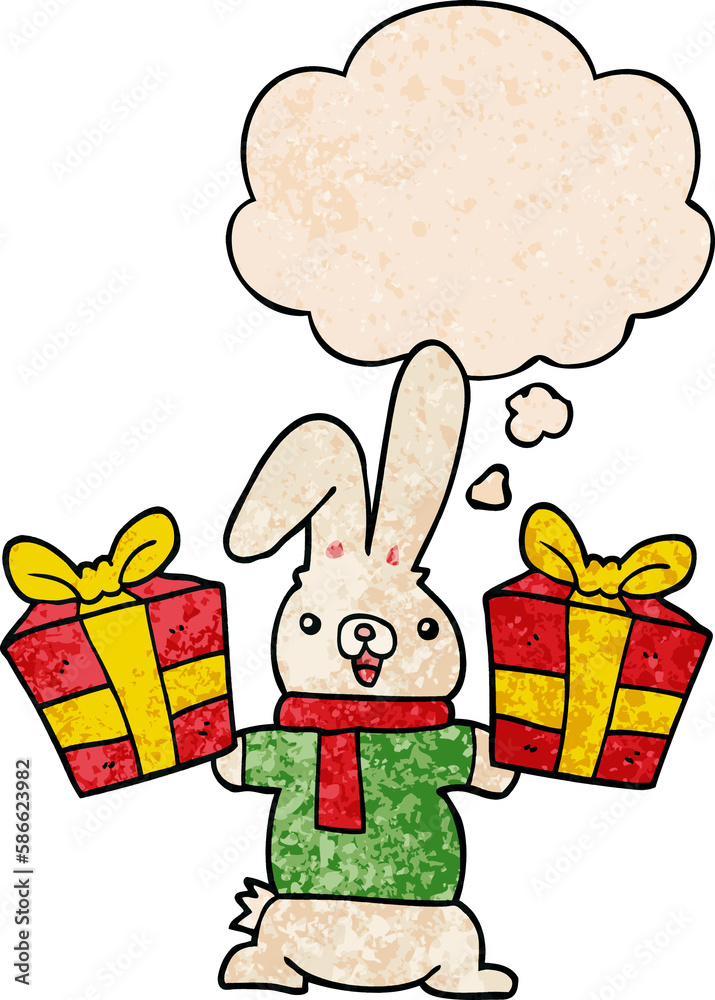 cartoon rabbit with christmas presents and thought bubble in grunge texture pattern style cartoon rabbit with christmas presents and thought bubble in grunge texture pattern style