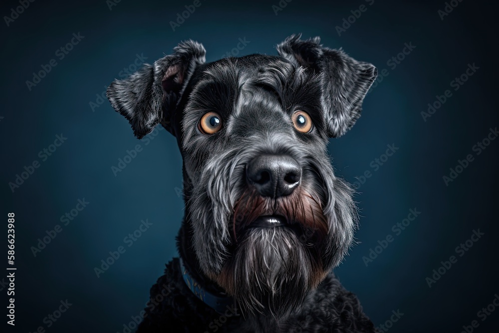 Startled Pet: Studio Portrait of a Kerry Blue Terrier Dog with Cute, Wide-Eyed Appeal. Generative AI