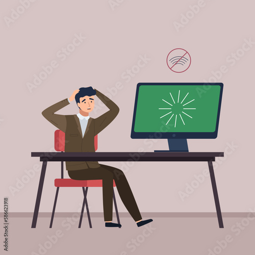 Lost wireless connection or disconnected cable, error, upset man sits in office near computer, cant work. No wifi signal, page not found on display screen. Disconnecting Internet for non-payment