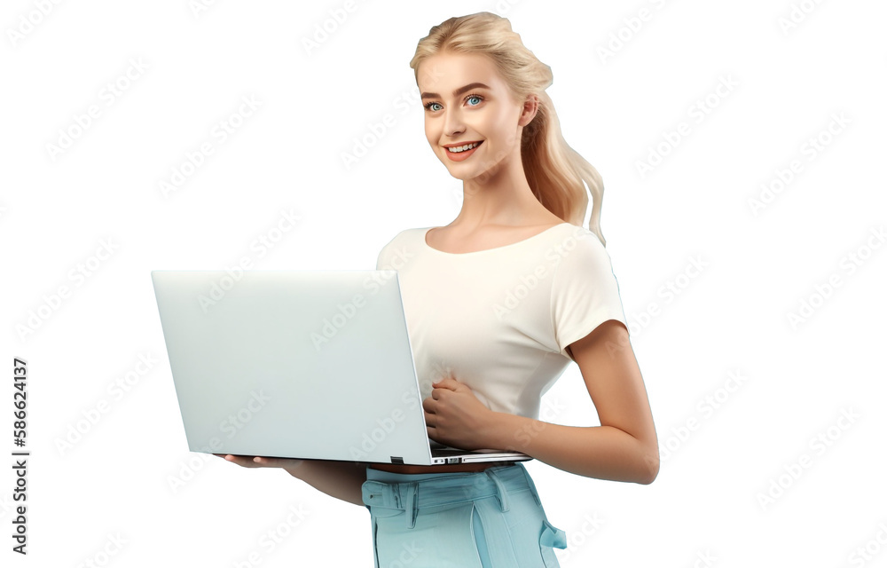 Fototapeta premium AI generated young happy french blond woman looking at the camera using a laptop device , isolated on a monocolor background