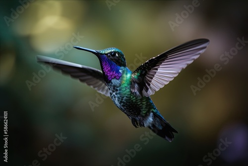 Yellow Hummingbird in Colorful Flight: A Closeup of Nature's Smallest Bird Hovering in the Wild. Generative AI