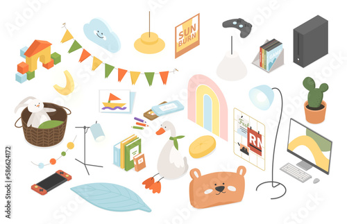 Toys for children and teenagers - modern vector colorful isometric illustrations set