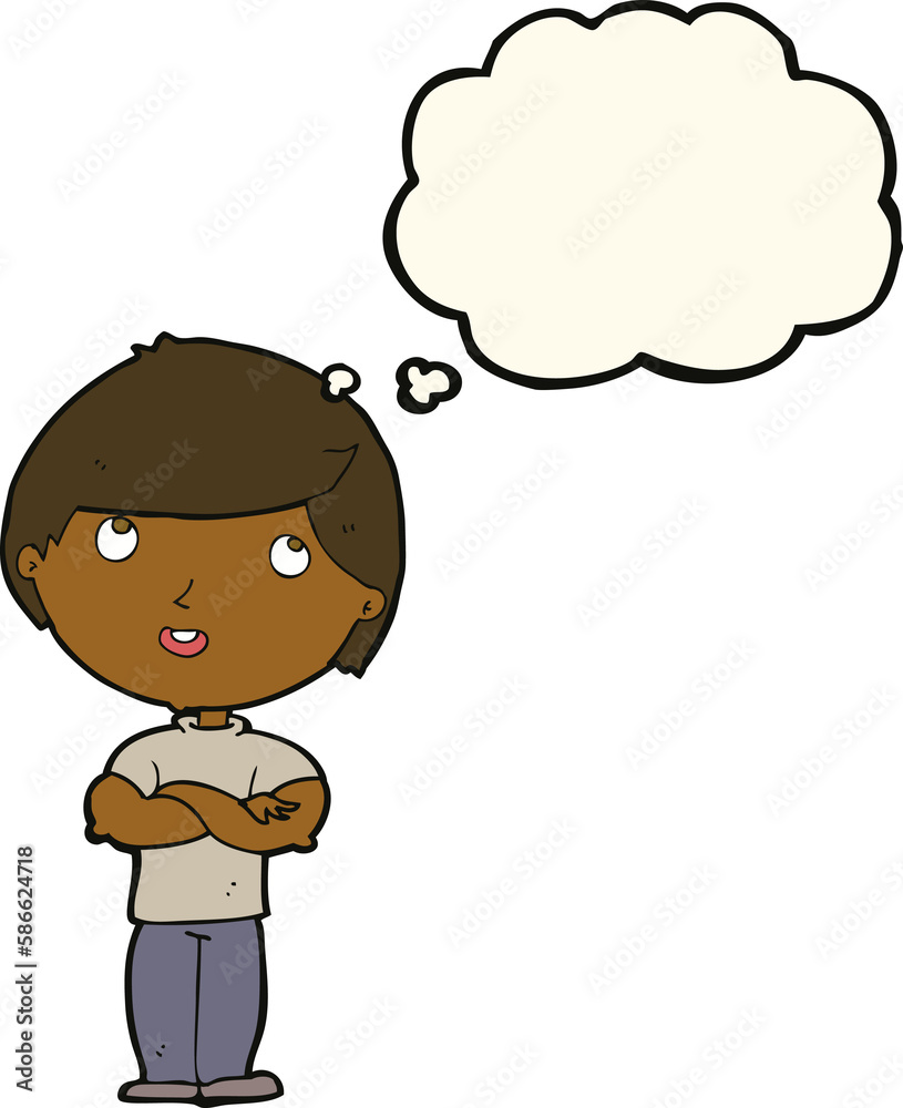 cartoon happy man with folded arm with thought bubble cartoon happy man with folded arm with thought bubble