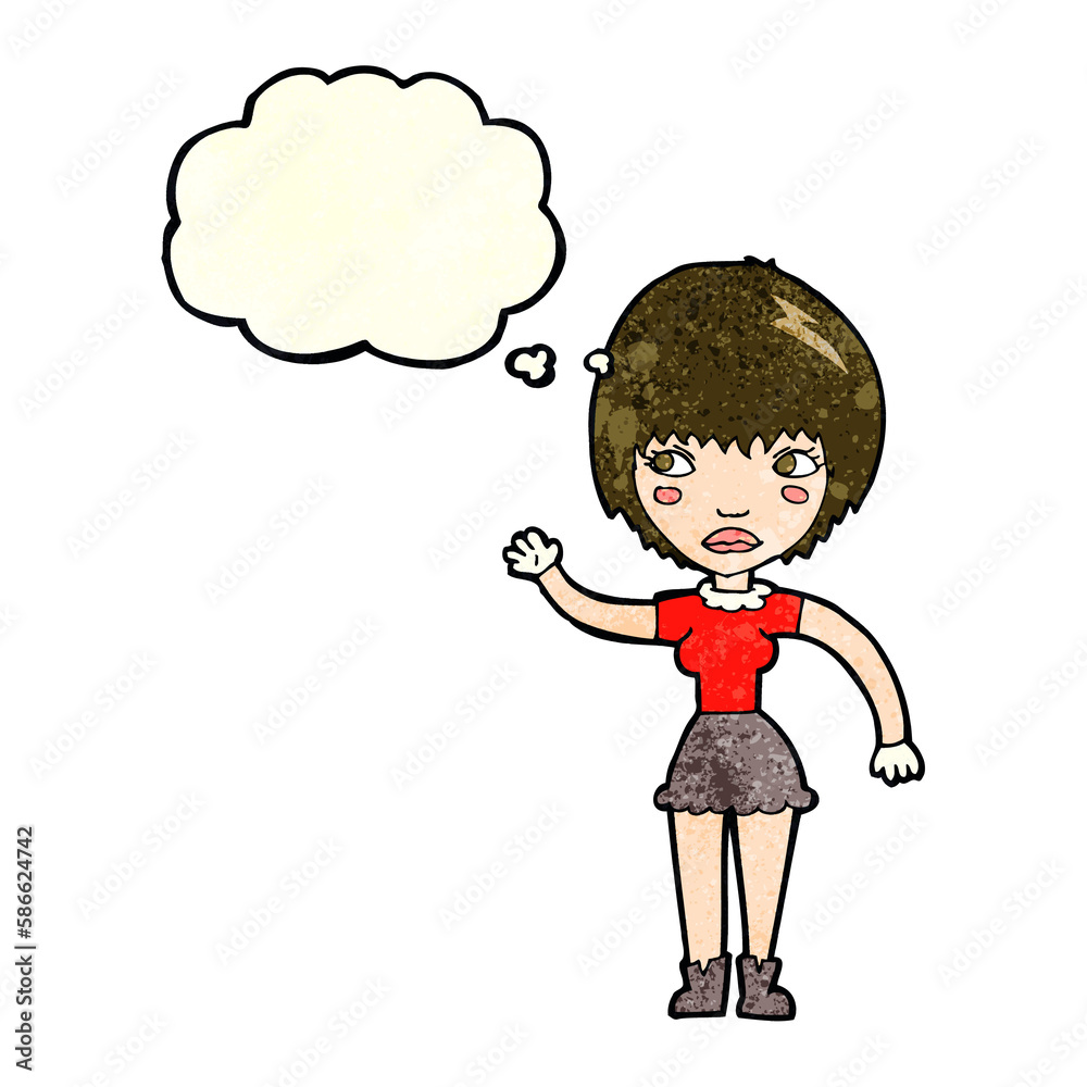 cartoon waving woman with thought bubble cartoon waving woman with thought bubble