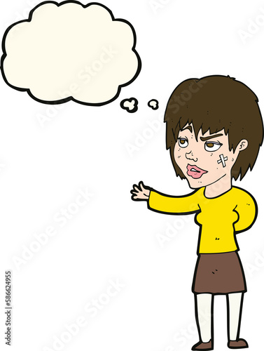 cartoon woman with sticking plaster on face with thought bubble