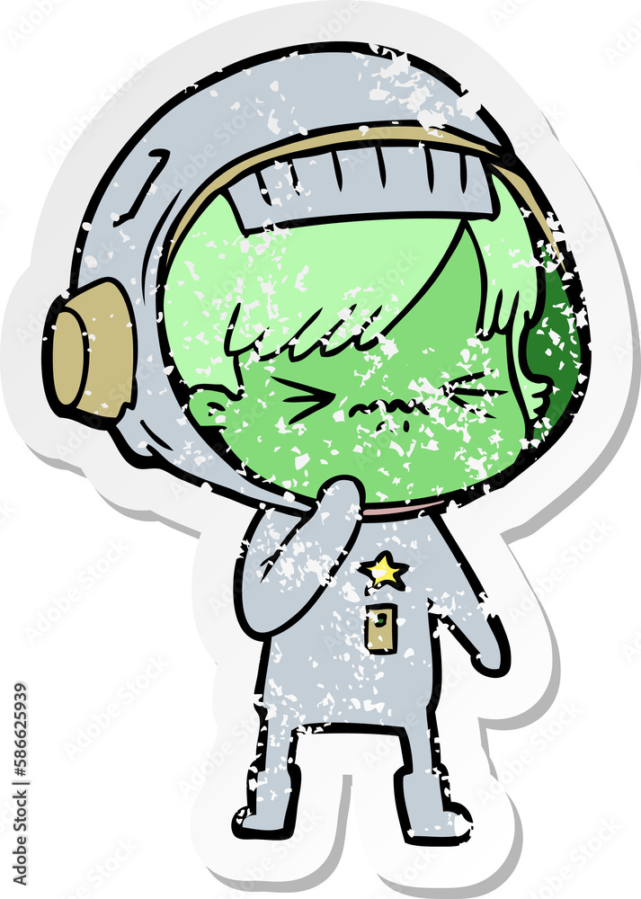 distressed sticker of a angry cartoon space girl distressed sticker of a angry cartoon space girl