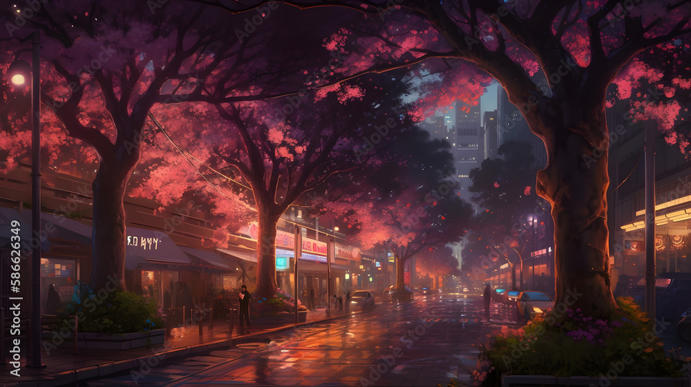 街灯の桜並木 | Cherry trees lined with street lamps Generative AI