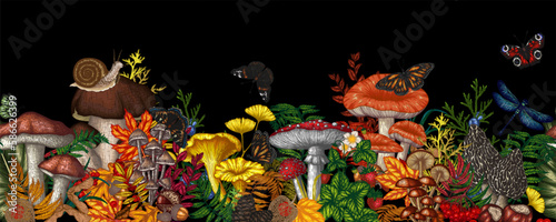 Seamless horizontal pattern with mushrooms, plants, insects, berries. Fly agaric, chanterelles, white mushroom, honey agaric, boletus, morel, russula, snail, strawberry, fern, butterflies, dragonfly