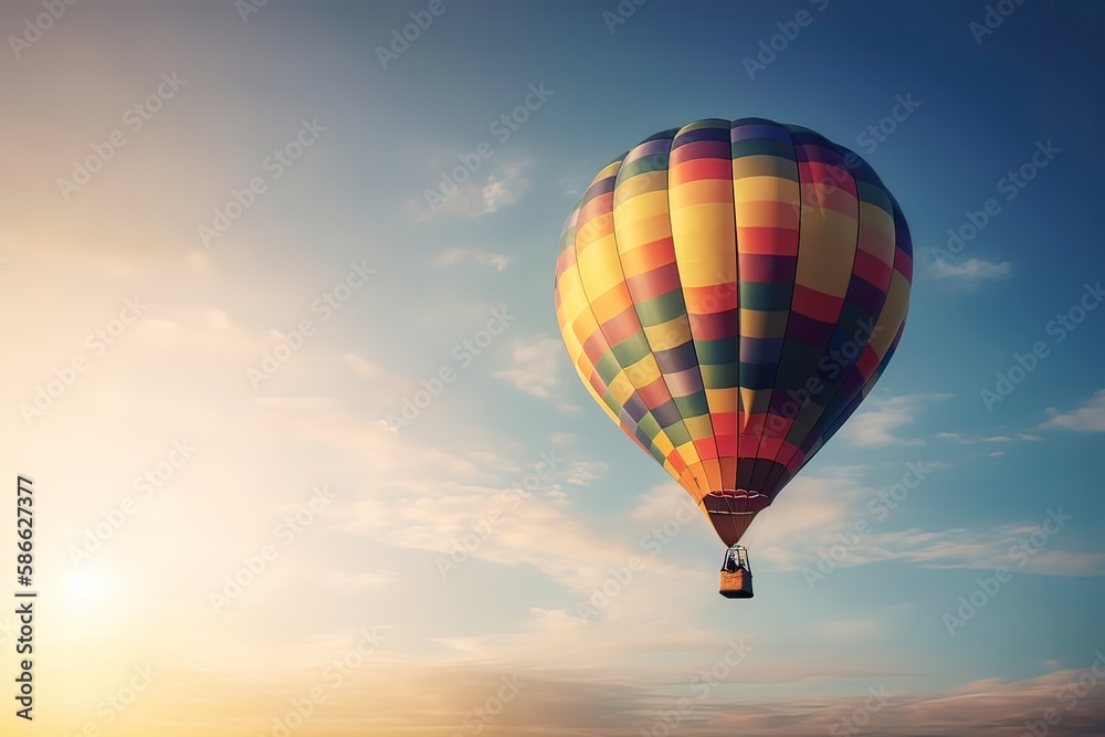 Naklejka premium Colorful hot air balloon flying on sky at sunset. travel and air transportation concept. Generative Ai.