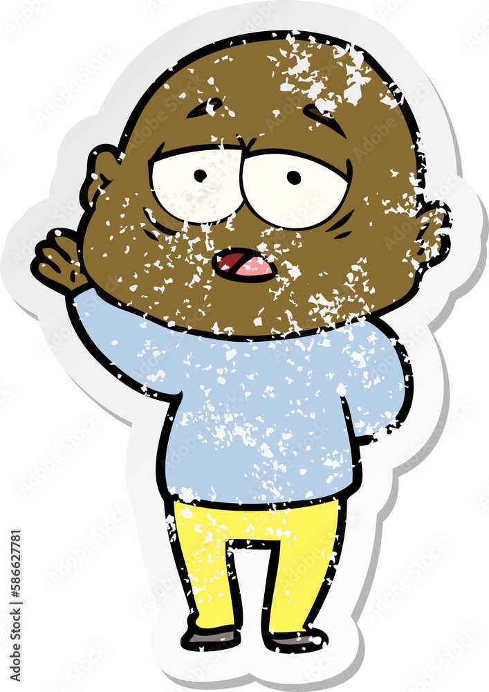 distressed sticker of a cartoon tired bald man distressed sticker of a cartoon tired bald man