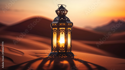 An illuminated Ramadan lamp against a desert background