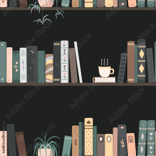 Seamless pattern of vintage books, hot drink mug, and spider plant on dark background. Standing books wall background. Home library vector