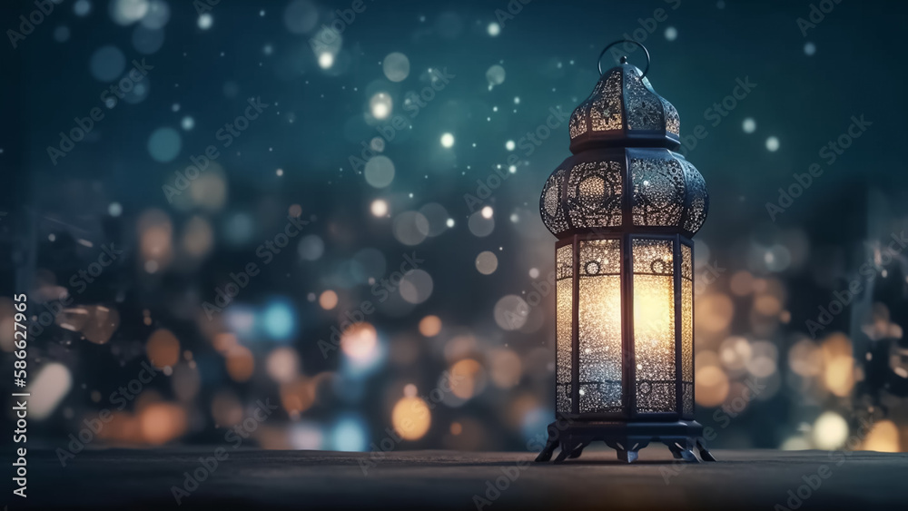 Lanterns with night sky and city bokeh light background for the Muslim feast of the holy month