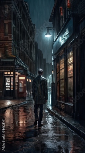 A man was walking alone at night and raining through a dark alleyway in the city. Non-existent person. Generative Ai.