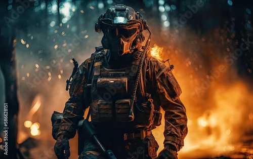 Professional soldier dressed in protective uniform against fire. soldier in uniform of special forces in a dangerous military action in a dangerous enemy area. Non-existent person. Generative Ai.