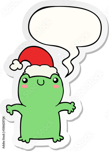 cute cartoon frog wearing christmas hat and speech bubble sticker