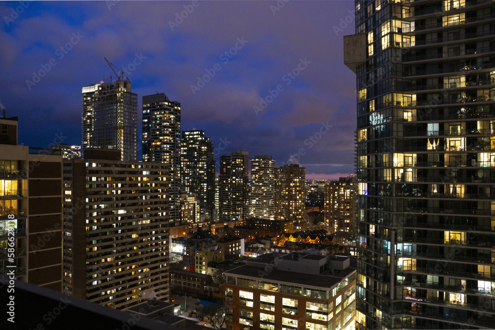 View on Skyscrapers at Night in Downtown Toronto Ontario Canada