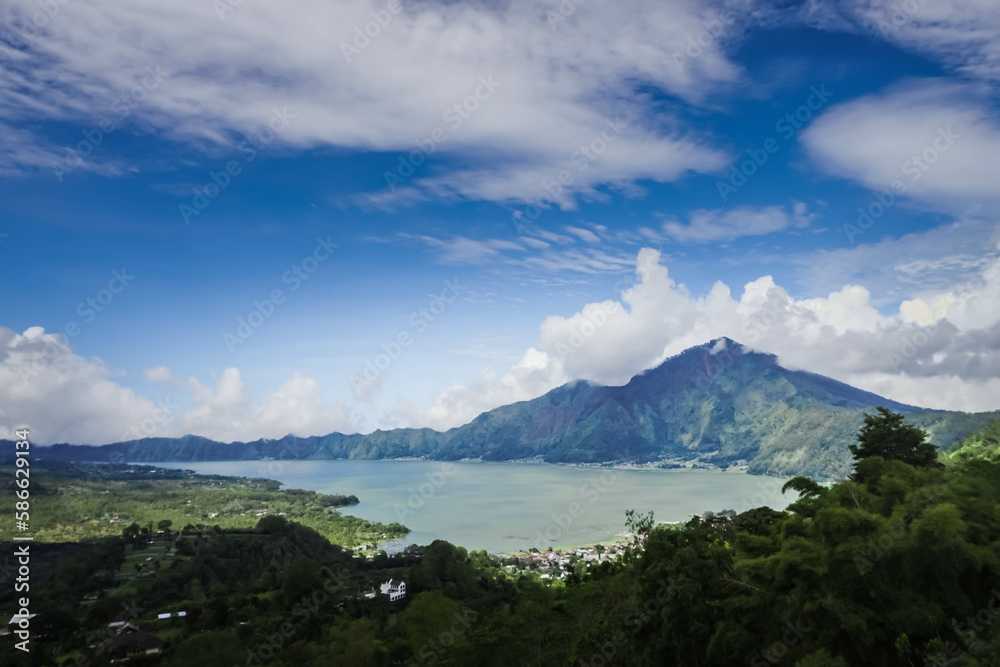 View of Lake Batur from a height. Mount and Lake Batur is a famous tourist attraction located in Kintamani, Bali, Indonesia.