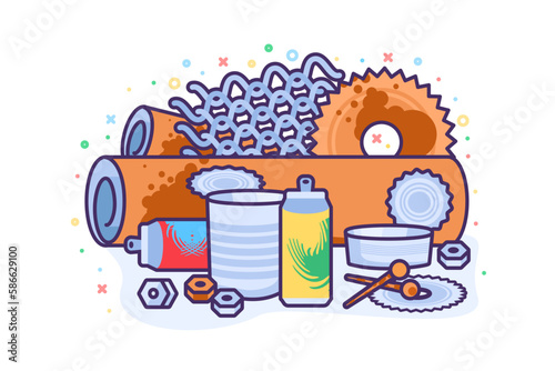 Pile of iron cans and waste metal industry. Heap of Rusty Metal Products. Iron, metal waste pollution problem. Simple cartoon outline vector isolated on white background