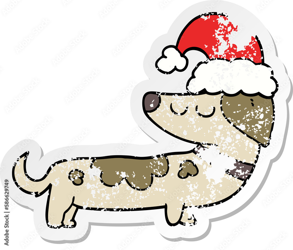 Fototapeta premium distressed sticker of a cartoon dog wearing christmas hat