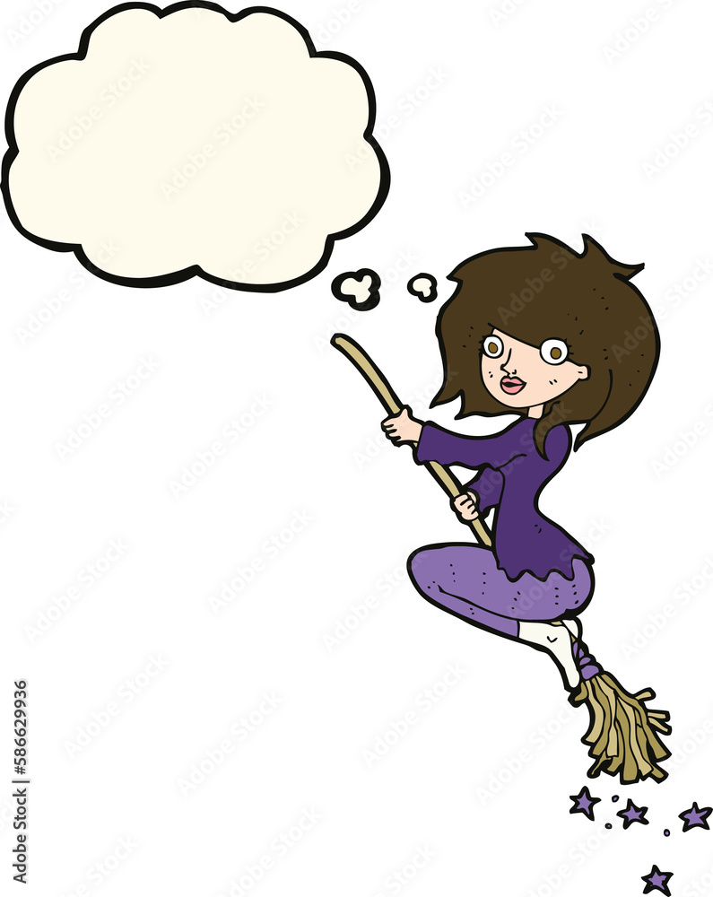 cartoon witch riding broomstick with thought bubble cartoon witch riding broomstick with thought bubble