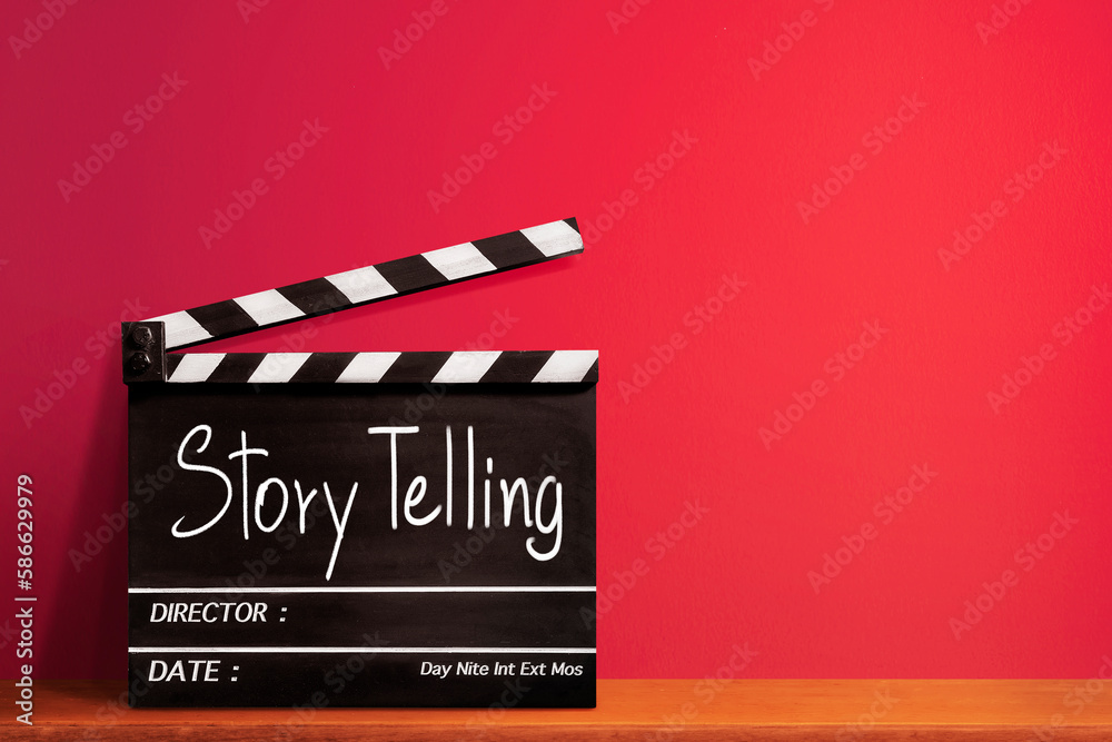Storytelling, handwritten text title on film slate or movie clapper board and vision sharing concept in film industry.