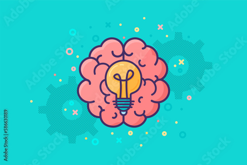 Electric incandescent lamp inside Hemispheres of human brain. Sudden idea and thought process, brainstorming concept. Flat symbol with stroke isolated on white vector