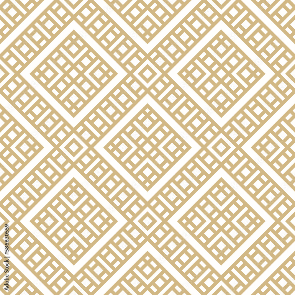Golden vector geometric seamless pattern in ethnic style. Traditional folk motif. Asian style geometric ornament. Abstract gold and white texture with squares, diamonds, grid. Luxury repeat background