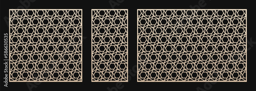 Decorative panels for laser cutting. Cutout silhouette with abstract geometric pattern, hexagons, triangles, grid, lattice, mesh. Laser cut stencil for wood, metal, plastic. Aspect ratio 1:2, 1:1, 3:2