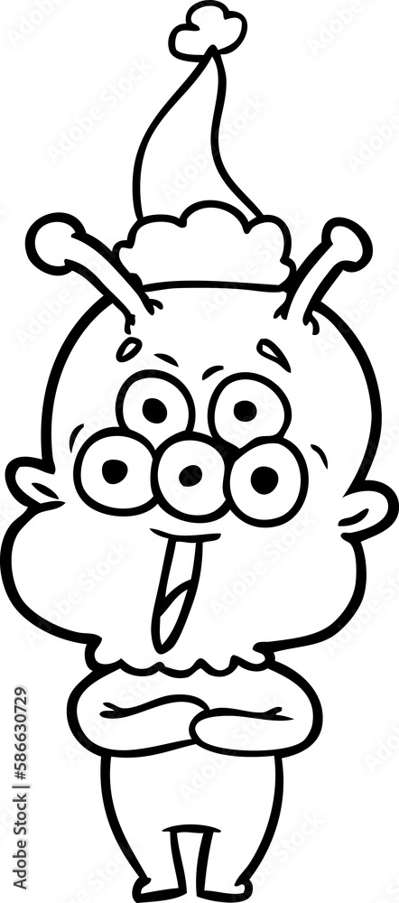 happy line drawing of a alien wearing santa hat happy line drawing of a alien wearing santa hat