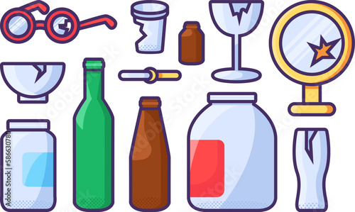 Set of broken Unwanted Glass Objects. Items out of use and subject to disposal. Recycling of Glass industrial products. Simple cartoon outline vector isolated on white background