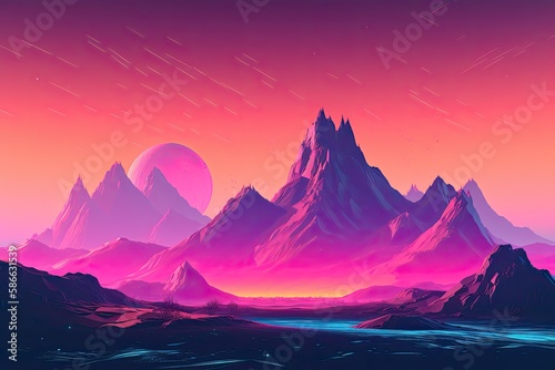 A Captivating Science Fiction Landscape: Surreal Colours, Planets, and Mountains Illuminated by Moonlight: Generative AI