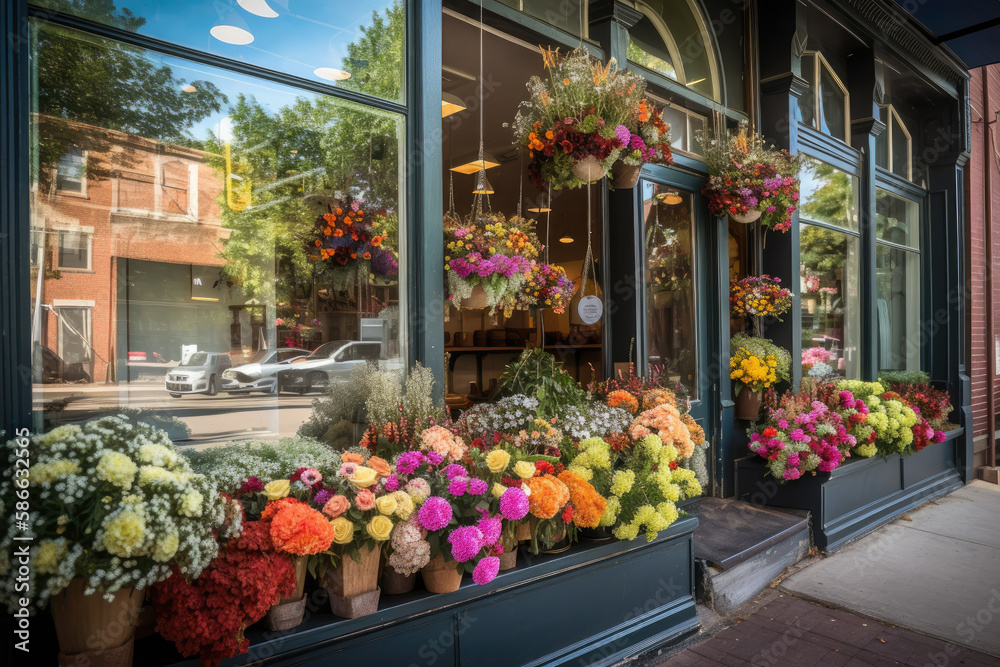 Flower shop storefront, with beautiful bouquets of flowers on display in the window