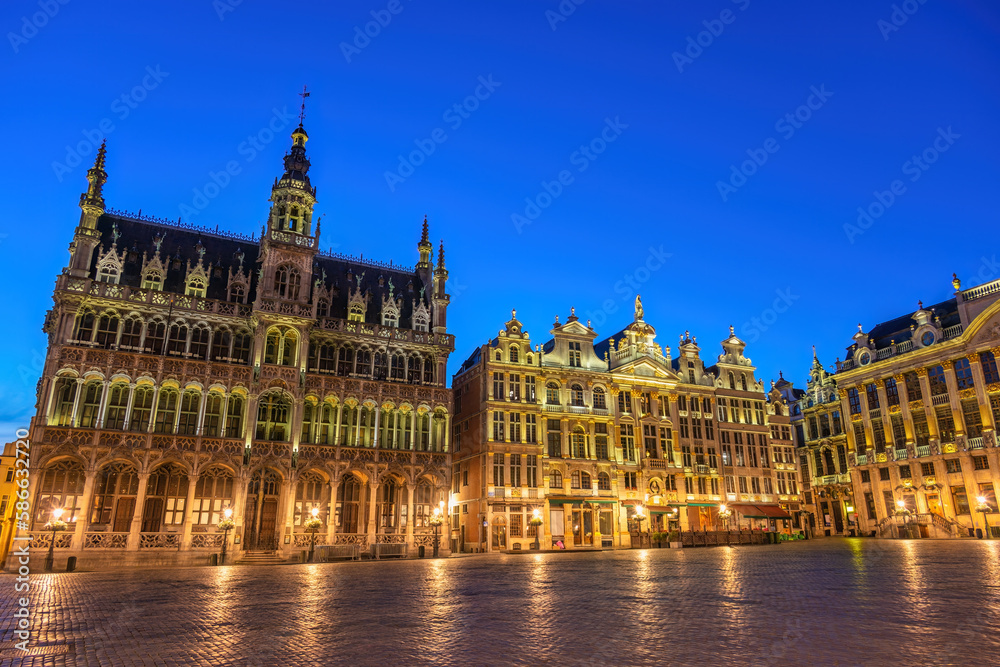 Brussels Belgium, night city skyline at Grand Place Square